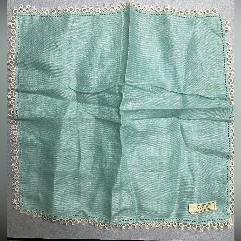 Vintage All Linen Teal Handkerchief Lace Border 10” Made In Ireland
